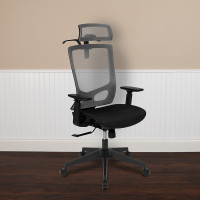 Flash Furniture H-2809-1KY-GY-GG Ergonomic Mesh Office Chair with Synchro-Tilt, Pivot Adjustable Headrest, Lumbar Support, Coat Hanger & Adjustable Arms-Gray/Black